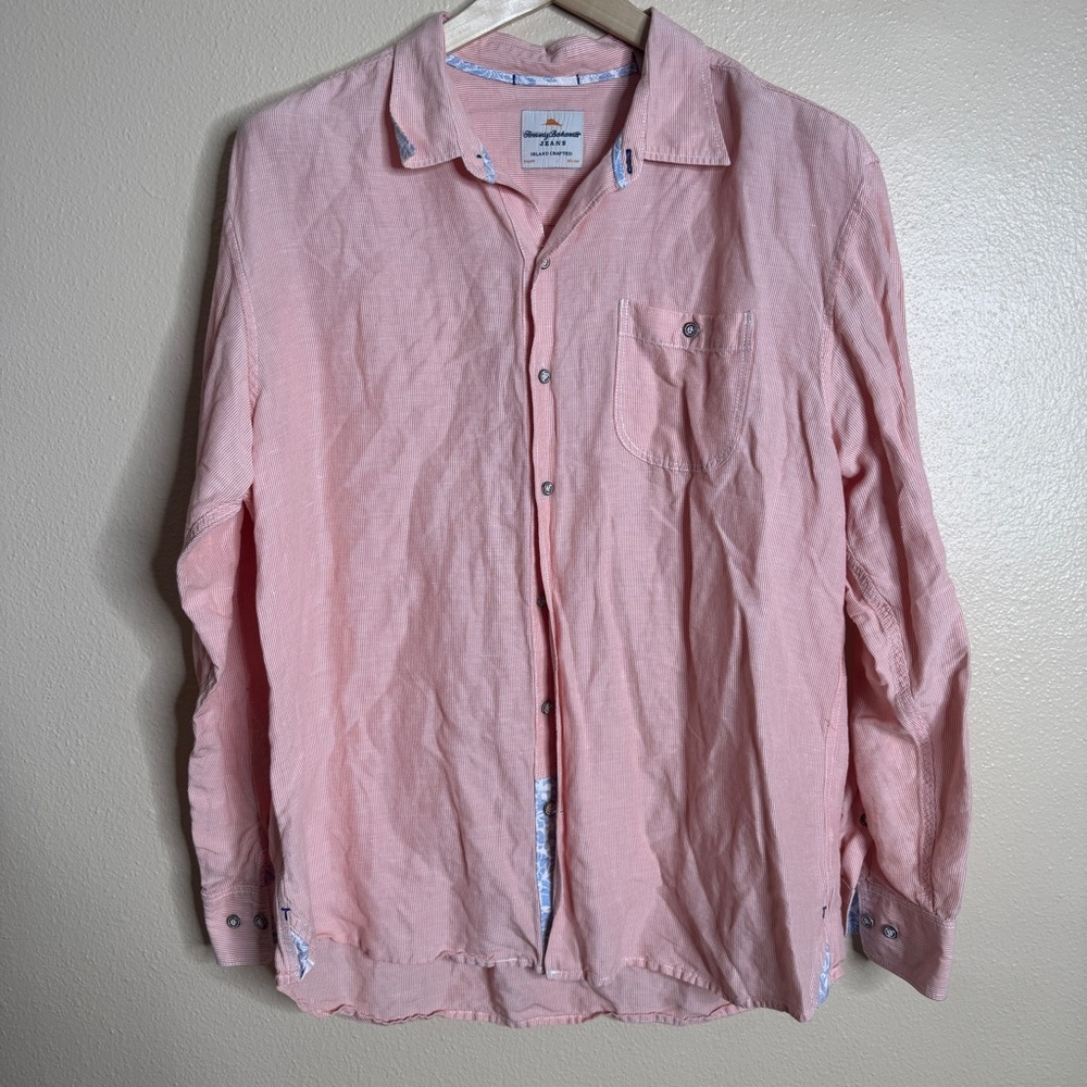 Tommy Bahama Jeans Shirt Mens XL Pink Button Up Striped Long Sleeve Linen Blend